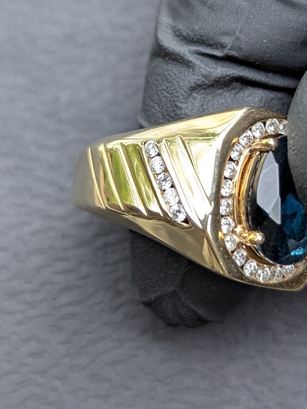 Helzberg Diamonds Gold Ring with Blue Center Stone and Halo - Picture 4 of 12